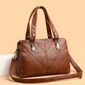 Classic dark brown PU leather tote bag with V-shaped geometric stitching and silver hardware - Brown