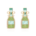Green perfume bottle earrings with gold bow and white pearls on white background - Colorful