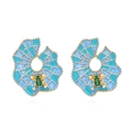 Artistic frog on blue leaf enamel earrings with gold grid pattern in a flat lay view - Blue Green (Lotus Leaf Frog)