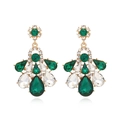 Luxury emerald green teardrop floral drop earrings with sparkling rhinestones in gold finish - Colorful