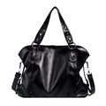 Large black minimalist tote bag in PU leather with dual top handles and long shoulder strap - Black