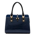Dark blue crocodile texture handbag with gold clasp and glossy patent leather panels - Blue