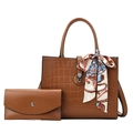 Bruine handtassenset met krokodillenpatroon inclusief shopper, clutch en zijden sjaal - Bruine Handtas En Portemonnee