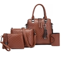 Ensemble de 4 sacs cabas marrons avec surpiqûres en losanges et pompon décoratif - Brun Foncé