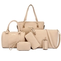 Nude matte 6-piece handbag set featuring tote, satchel, and wallet with gold hardware - Khaki