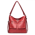 Red lychee grain leather shoulder bag with front zipper pockets and brand logo - Red