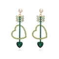 Luxury heart and arrow dangle earrings with green crystals and white pearls on gold base - Green