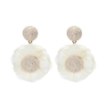 Detailed macro view of beige raffia woven core and layered white chiffon flower earrings - White