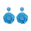 Detailed view of handcrafted bright blue chiffon flower earrings with raffia woven centers - Blue