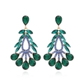 Vintage gold-toned leaf drop earrings with green teardrop and blue round crystals - Green