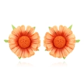 Vibrant orange fabric daisy floral earrings with green leaf detail and 3D woven petals - Orange