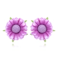 Handmade purple fabric flower earrings with green leaves on a clean white background - Purple