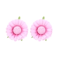 Set of two handmade pink fabric flower earrings with green leaf detail on white background - Pink