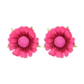 Pair of bright fuchsia fabric flower earrings with green leaves on white background - Rose Red