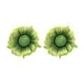Macro detail of handmade green fabric sunflower earrings with layered textile petals - Green