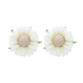 Macro shot of ivory fabric daisy earrings with cream woven centers and green leaves - White
