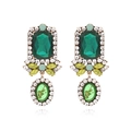 Vintage gold-plated alloy drop earrings with green emerald-cut crystals and diamonds - Colorful