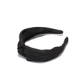 Detail of elegant black knotted satin headband with a smooth silk-like texture - Black
