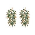 Minimalist alloy leaf stud earrings with gold plating and green enamel leaf design - Green