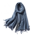 Double-sided denim blue and grey faux cashmere winter scarf with elegant tassels - 200x65cm / Blue And Gray (WT350-4)
