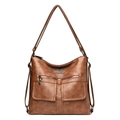 Vintage brown oil wax leather shoulder bag with double front pockets and adjustable strap - Brown