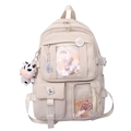Zaino scolastico beige multi-tasche con scomparti trasparenti e ciondolo a mucca - Bianco