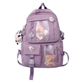 Zaino viola multitasche per studenti con distintivi a orsetto e peluche a forma di mucca - Viola