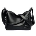 Minimalist black lychee texture leather shoulder bag with metal kangaroo logo on white background - Black