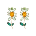 Elegant sunflower stud earrings with yellow crystals and green rhinestones in gold finish - Light Green