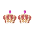 Pink teardrop stone crown earrings with red rhinestones and pearls on gold base - Burgundy
