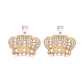 Golden crown stud earrings with pink crystal, white pearls and sparkling zircons - White