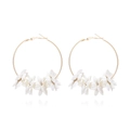 Fashionable gold hoop earrings with white fabric flowers and pearls for women - White