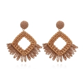 Bohemian raffia tassel earrings with geometric woven diamond drops in natural wood color - Camel