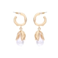 Gold leaf drop earrings with white faux pearls and detailed vein texture on white background - Gold