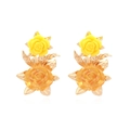 Vintage resin flower earrings with yellow roses and golden metal leaves on white background - Yellow
