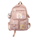 Sac à dos scolaire coréen rose et orange avec badges d'animaux et breloque peluche - Rose