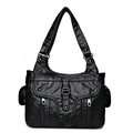 Sac à bandoulière vintage en cuir souple noir lavé avec poches multiples et grande capacité - Noir
