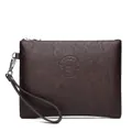 Detail of dark brown leather texture and metal zipper on men's business clutch bag - Plain Style 1 / Dark Coffee (Plain)
