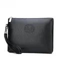 Macro detail of black litchi grain PU leather texture and silver zipper on men's clutch bag - Bark Pattern Style 2 / Black (Bark Pattern)