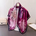 Close-up of elegant purple peony print on glossy satin silk large square scarf fabric - Purple (FM302-1)