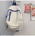 Minimalist nylon student backpack in white and blue with large capacity and multi-pockets - Single Bag / White with Blue