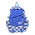 Blue and white checkerboard pattern fashion backpack with adjustable straps and bear charm - Blue