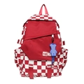 Red and white checkerboard backpack with fashion webbings and blue bear charm - Red