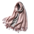 Pink and grey reversible cashmere-like scarf with long fringe trim for winter warmth - 200x65cm / Pink And Gray (WT350-27)