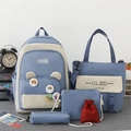 Set di cinque zaini scolastici blu con borsa tote e vari accessori coordinati - Con Ciondolo a Orso / Blu
