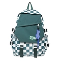 Green and white checkerboard fashion backpack with a cute bear keychain charm - Green