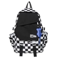 Fashion checkerboard backpack with black flap, side pockets and blue bear charm - Black