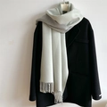 Light mint green and grey cashmere-like scarf with fringe on a black coat - 200x65cm / Mint Green And Gray (WT350-40)