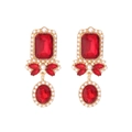 Vintage gold drop earrings featuring red emerald-cut crystals and white faux pearls - Red