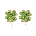 Elegant gold-tone four-leaf clover earrings with green crystals and sparkling rhinestones - Green